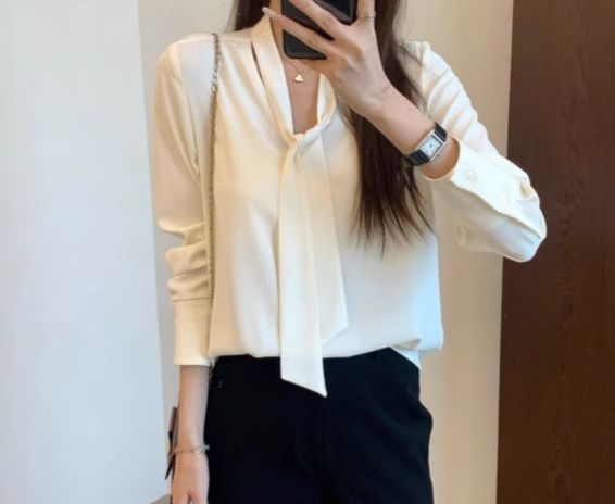 リボンブラウス 上品エレガント長袖ボウタイリボンブラウス