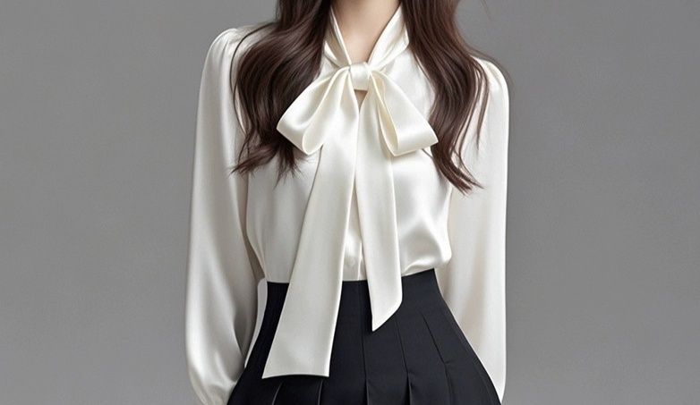 リボン長袖ブラウス 上品サテン調ビックリボン付き
