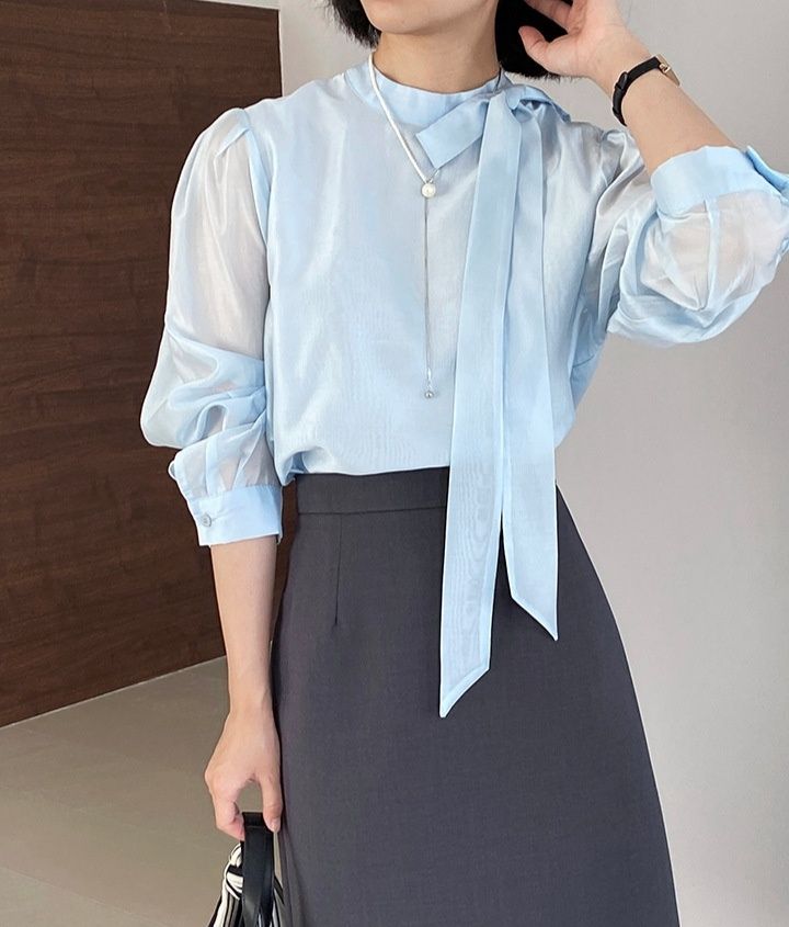 リボンブラウス 透け感シアーボウタイ