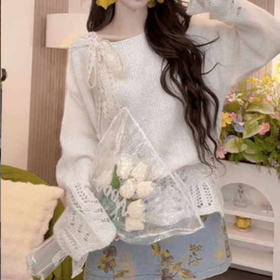 新作リボンブラウス透かし編みニットセーター