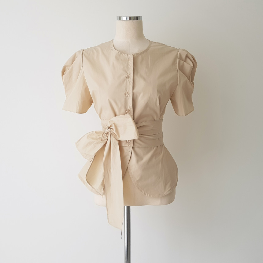 リボンブラウス パフスリーブ リボンベルト ブラウス 半袖