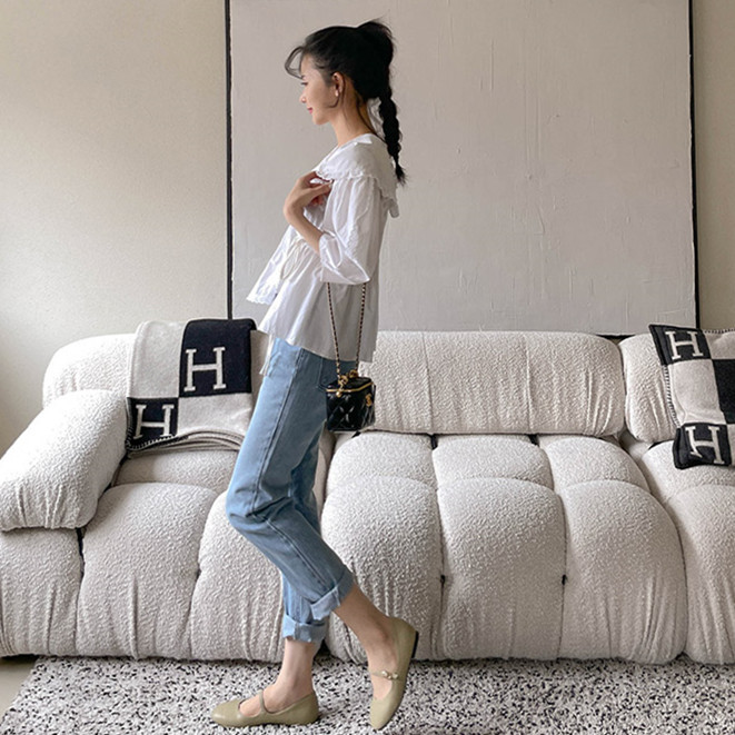 ビッグカラー パフ袖 リボンブラウス 白 上品 フェミニン