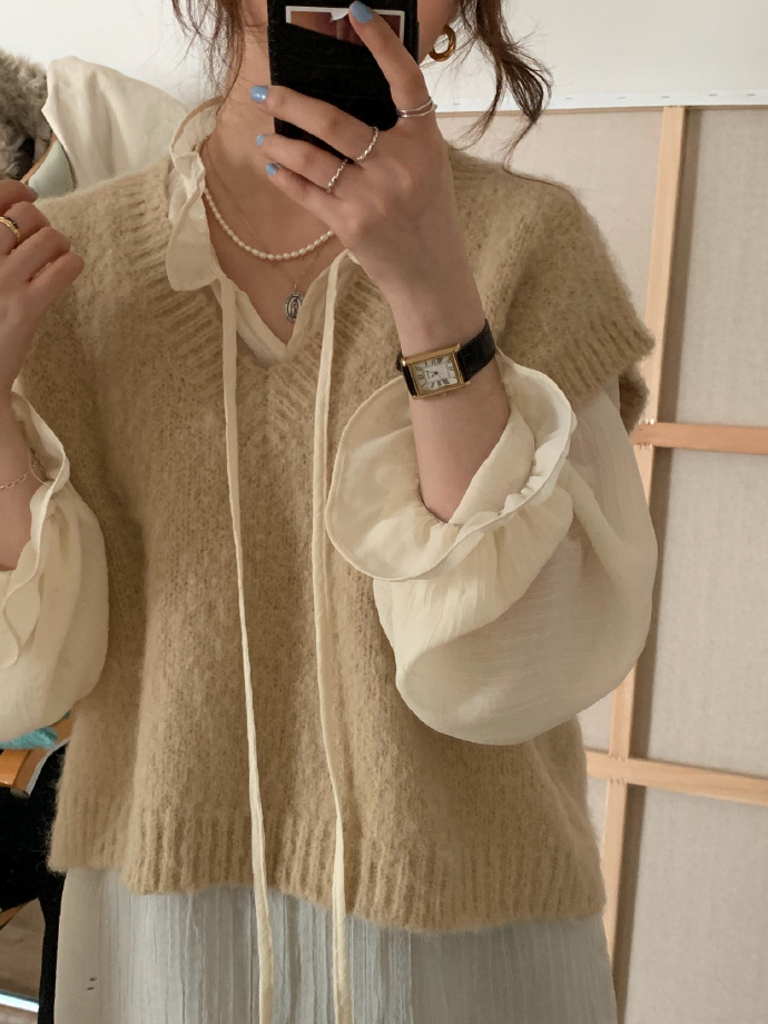 リボンブラウス ふんわりフリルネック長袖ブラウス通勤着回し