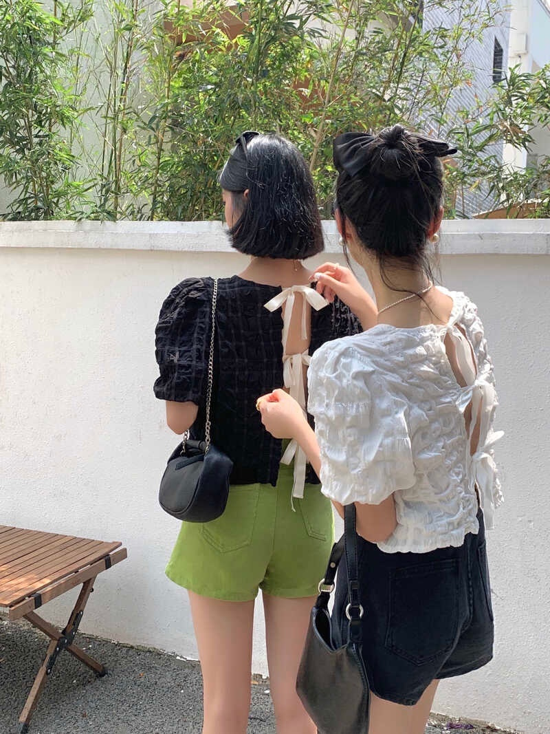 リボンブラウス 透かし彫り レトロ風 バックリボン ワッフル ブラウス