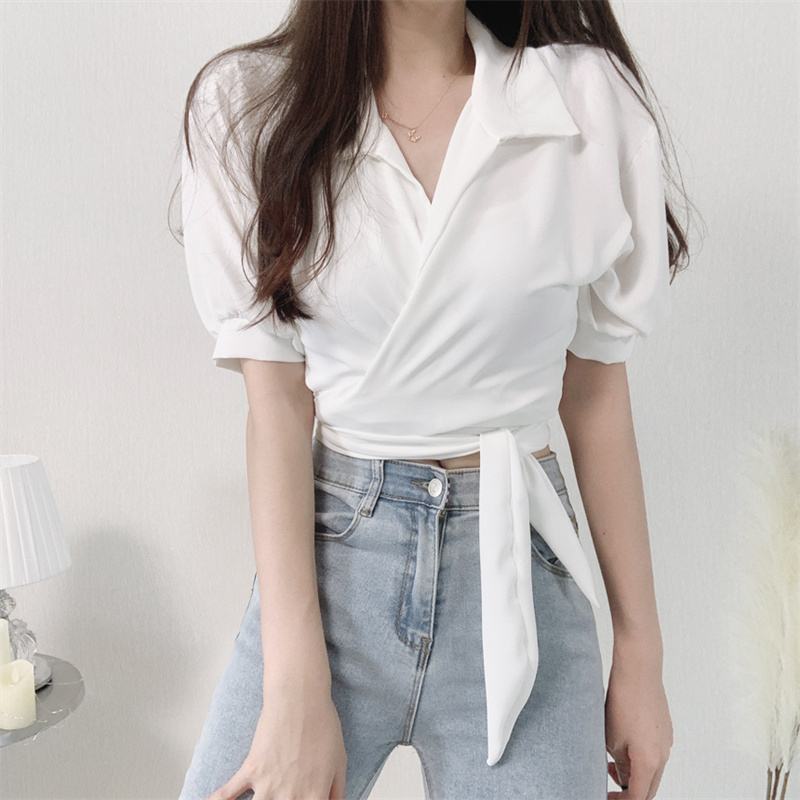 リボンブラウス 上品リボンベルト付きパフスリーブブイネックブラウス