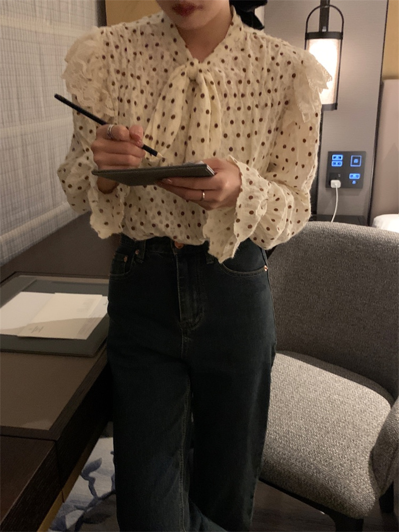 ドット柄レース襟リボンブラウス長袖シャツ