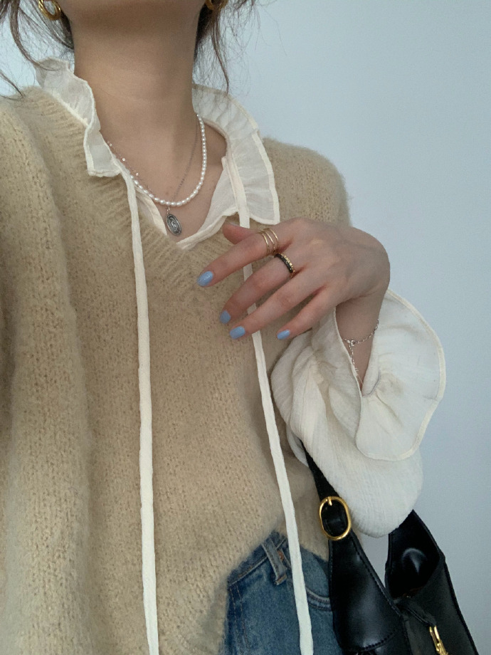 リボンブラウス ふんわりフリルネック長袖ブラウス通勤着回し