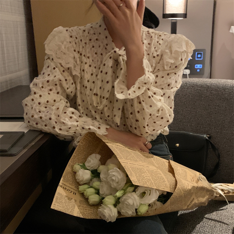 ドット柄レース襟リボンブラウス長袖シャツ