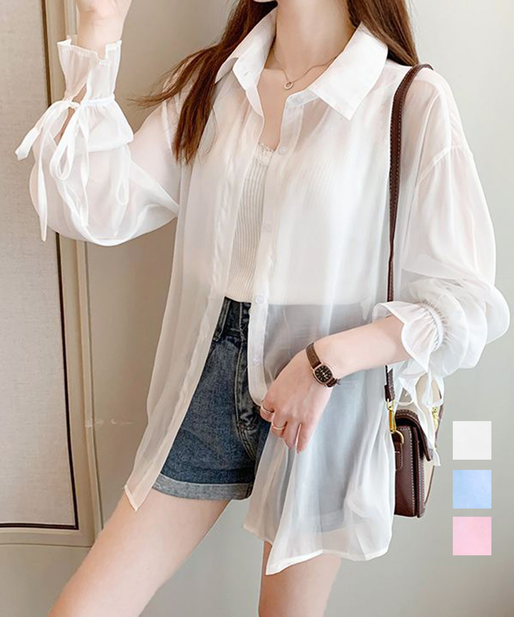 リボンブラウス 袖リボン付きシアー生地シャツブラウス
