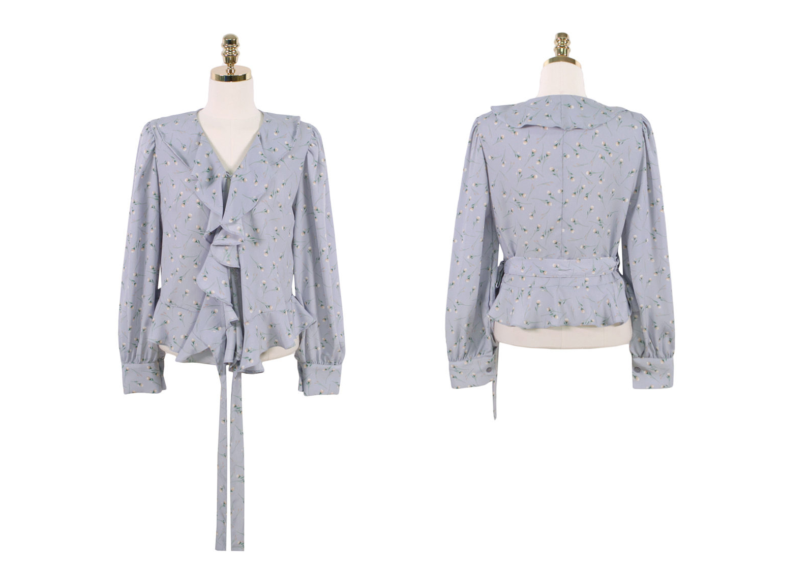 花柄深Vネックウエストリボンブラウス