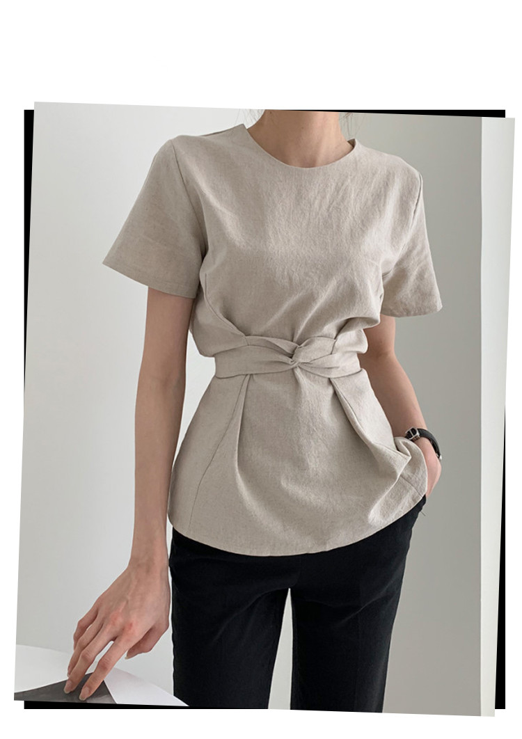 リボンブラウス ウエストリボン半袖ブラウス きれいめカジュアルトップス