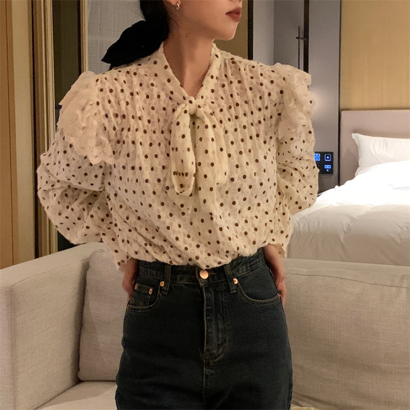 ドット柄レース襟リボンブラウス長袖シャツ