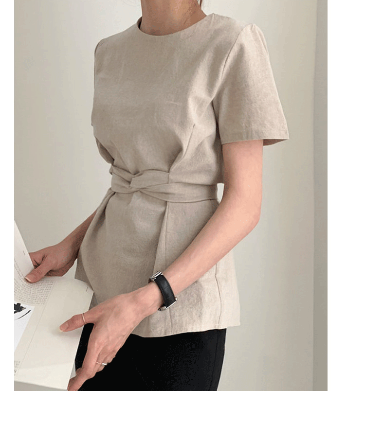 リボンブラウス ウエストリボン半袖ブラウス きれいめカジュアルトップス