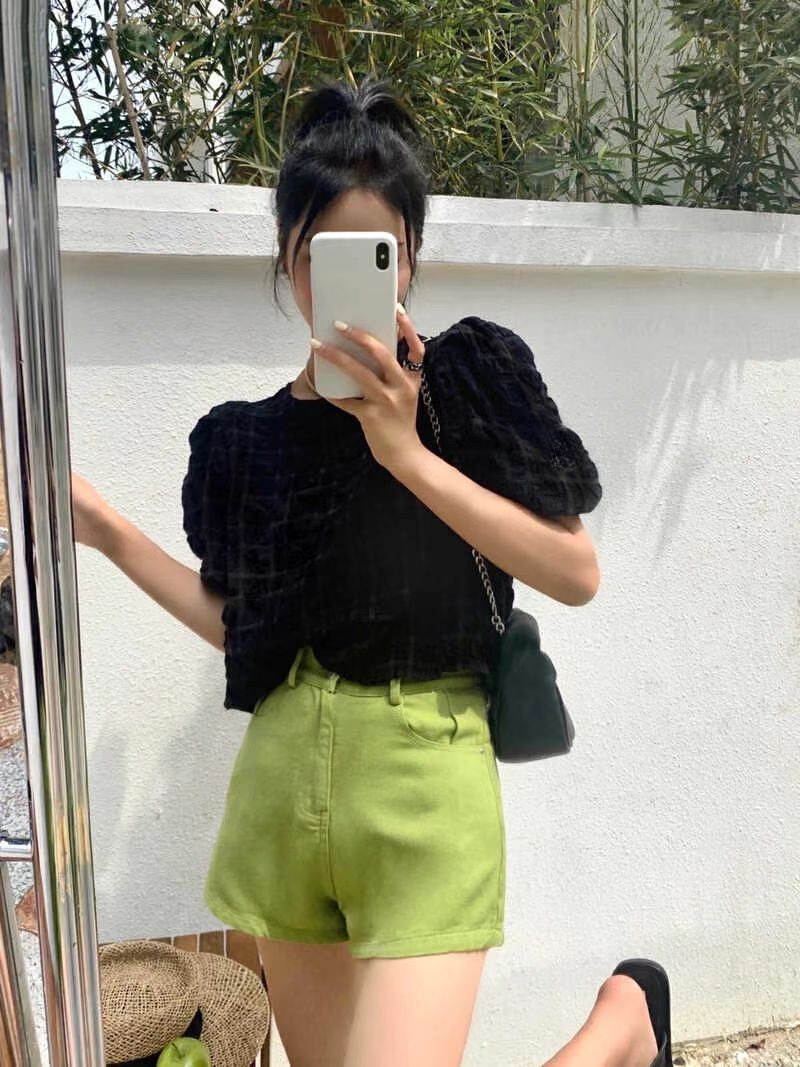 リボンブラウス 透かし彫り レトロ風 バックリボン ワッフル ブラウス