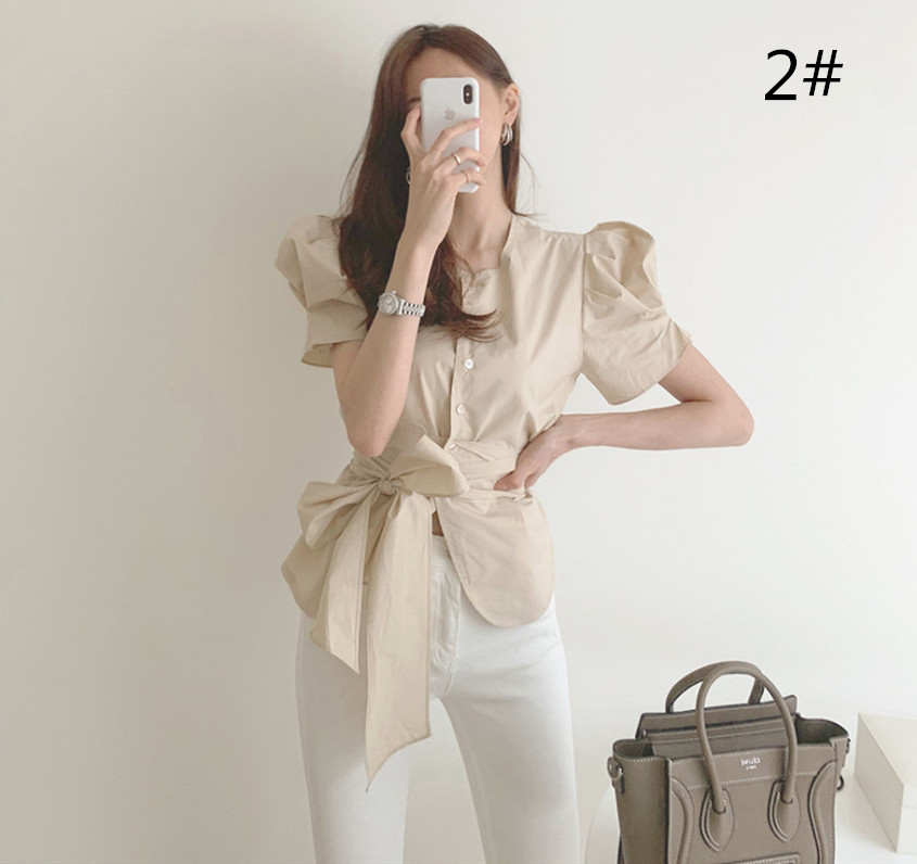 リボンブラウス パフスリーブ リボンベルト ブラウス 半袖