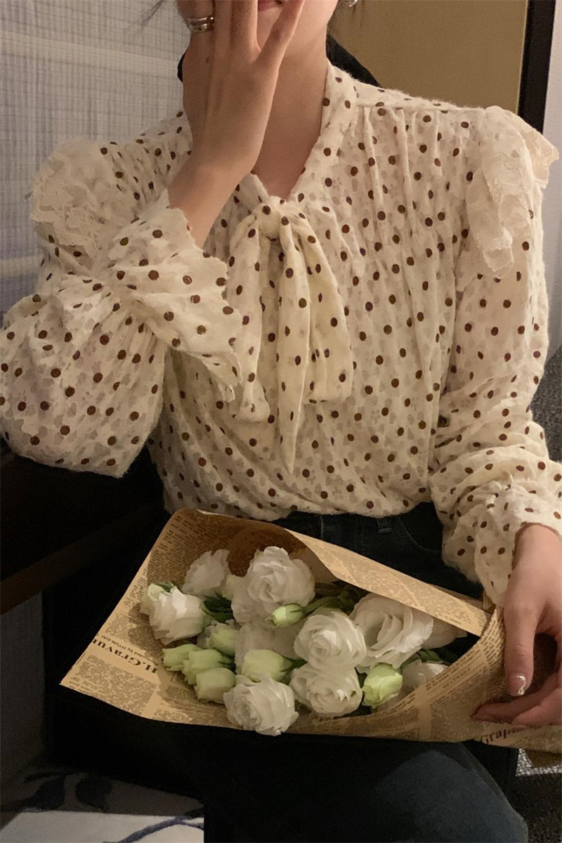 ドット柄レース襟リボンブラウス長袖シャツ