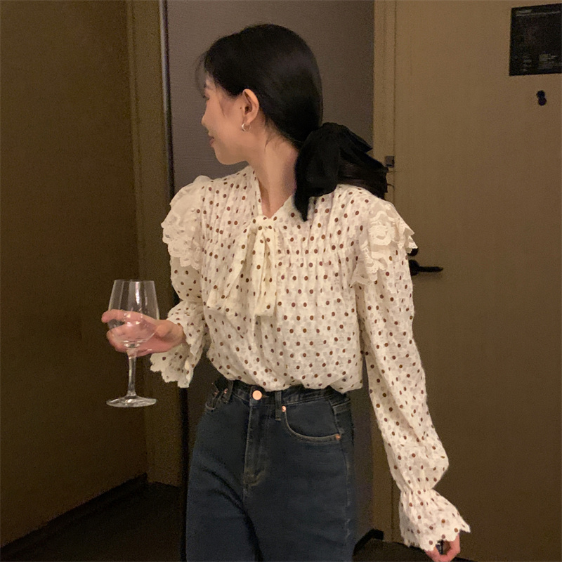 ドット柄レース襟リボンブラウス長袖シャツ