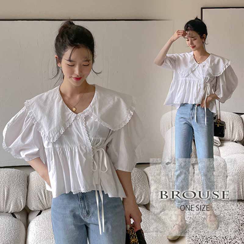 ビッグカラー パフ袖 リボンブラウス 白 上品 フェミニン