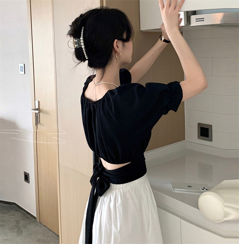 上品パフスリーブオフショルダーバックリボンブラウス