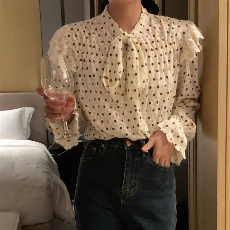 ドット柄レース襟リボンブラウス長袖シャツ