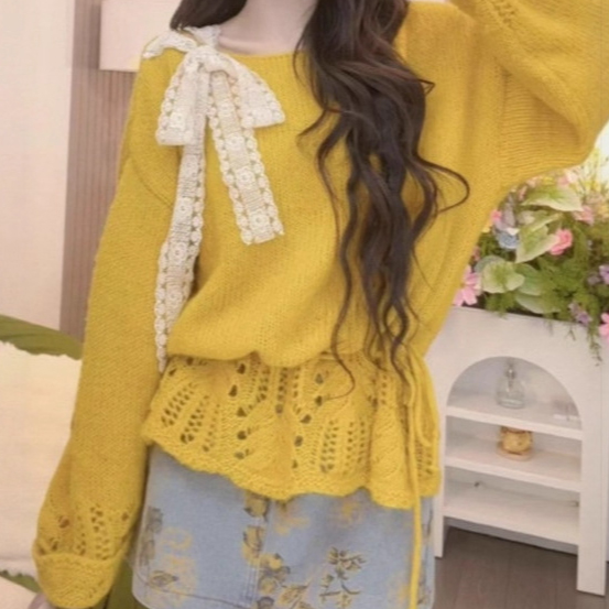 新作リボンブラウス透かし編みニットセーター