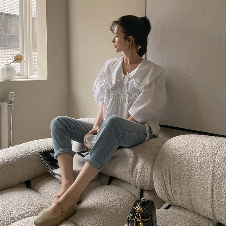 ビッグカラー パフ袖 リボンブラウス 白 上品 フェミニン