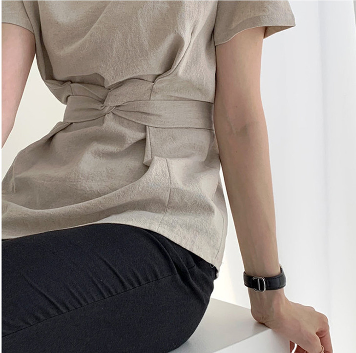 リボンブラウス ウエストリボン半袖ブラウス きれいめカジュアルトップス