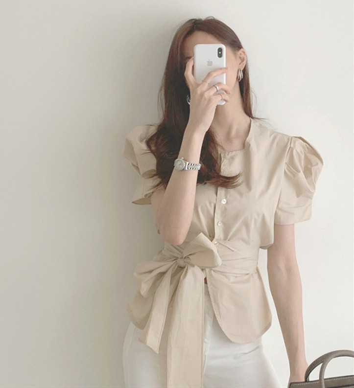 リボンブラウス パフスリーブ リボンベルト ブラウス 半袖