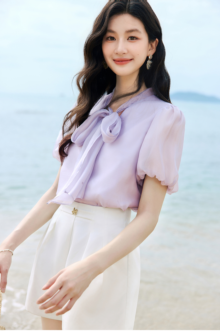 リボンブラウス 優美なリボン結び シフォンブラウス