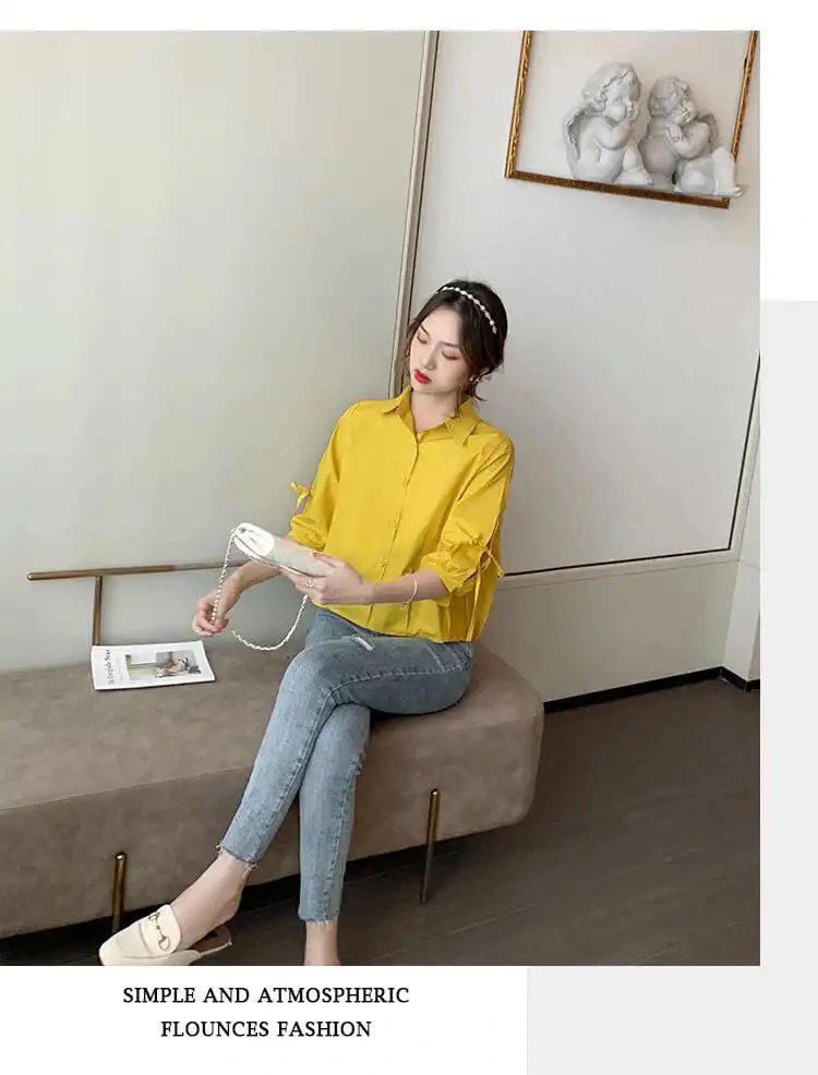 袖リボンブラウス 白 襟付き 七分袖 きれいめ 通勤