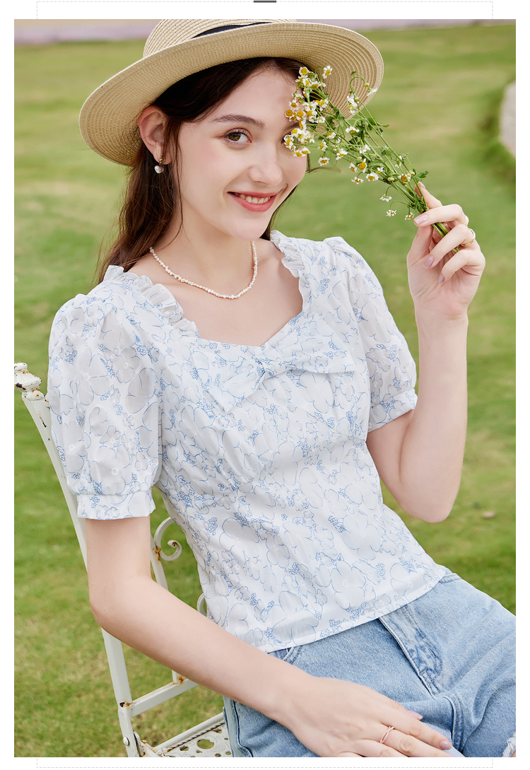 リボンブラウス 優美な胸元リボン付きパフスリーブブラウス