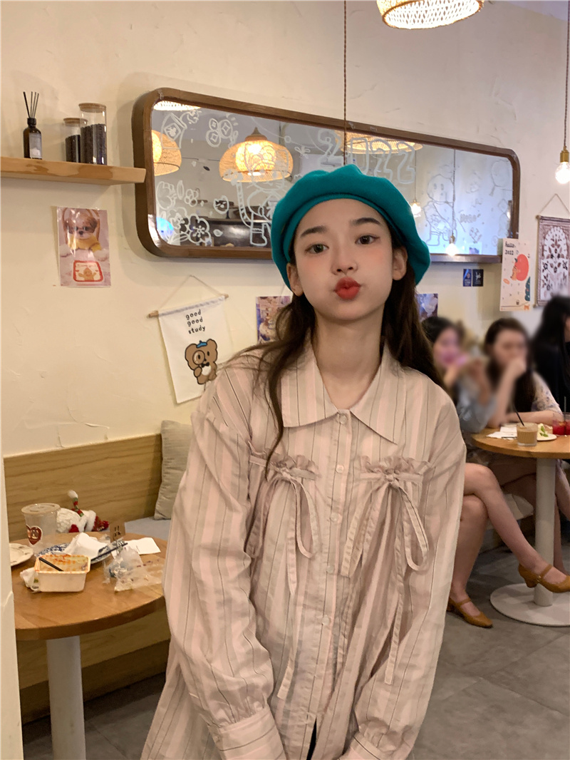 リボンブラウス 春のストライプ柄気質系胸元リボン長袖ブラウス