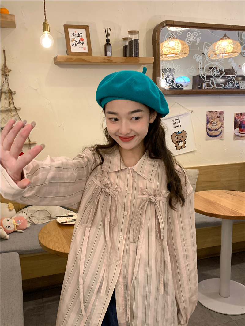 リボンブラウス 春のストライプ柄気質系胸元リボン長袖ブラウス