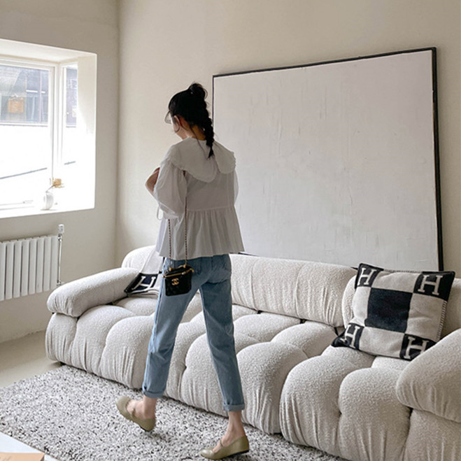 ビッグカラー パフ袖 リボンブラウス 白 上品 フェミニン