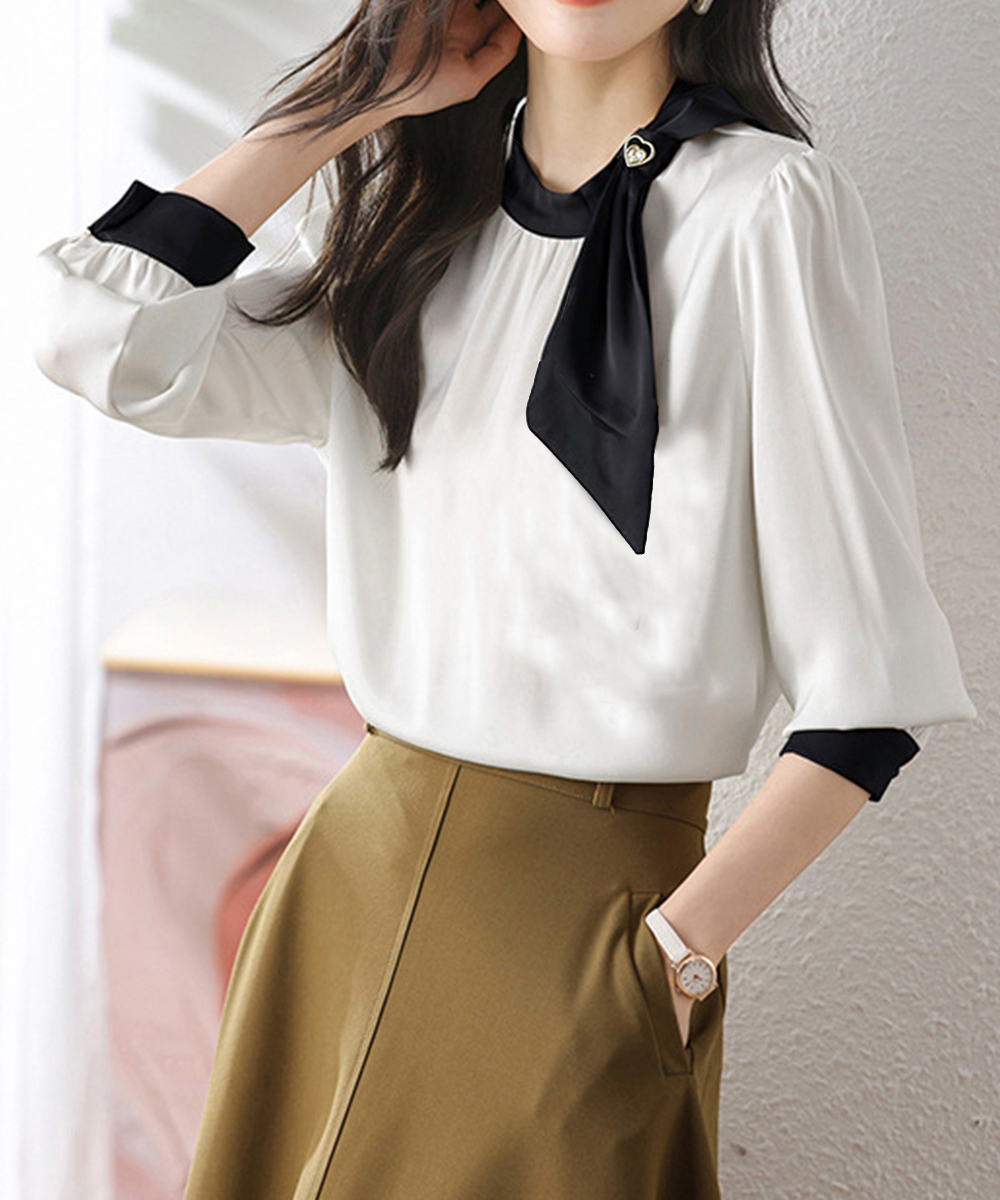 配色ボウタイリボンブラウス 上品バイカラーシャツ