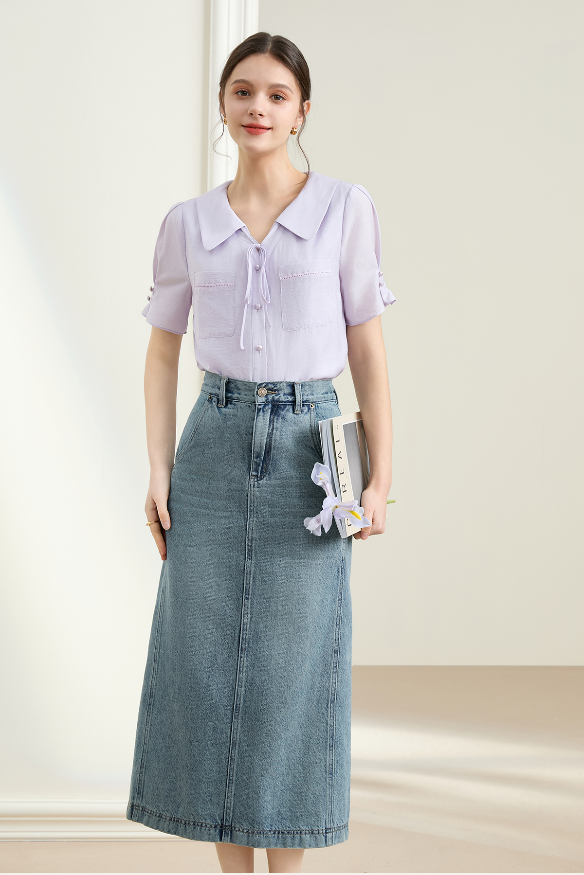 リボンブラウス 優美なネクタイリボン半袖ブラウス