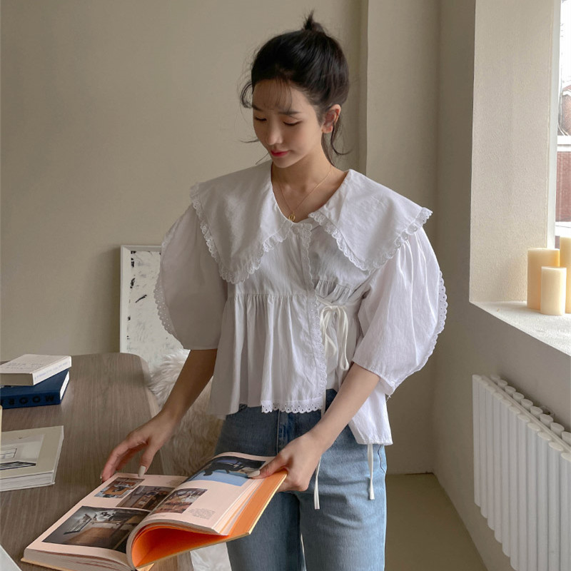 ビッグカラー パフ袖 リボンブラウス 白 上品 フェミニン