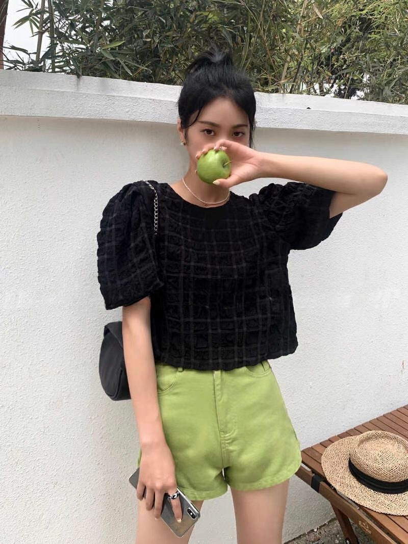 リボンブラウス 透かし彫り レトロ風 バックリボン ワッフル ブラウス