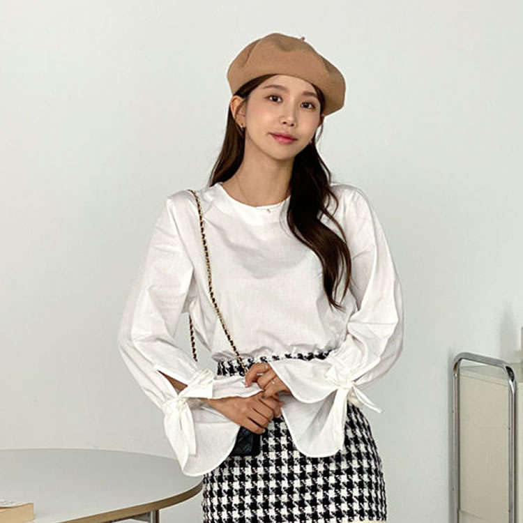 リボンブラウス 袖リボン 優美なスリット袖