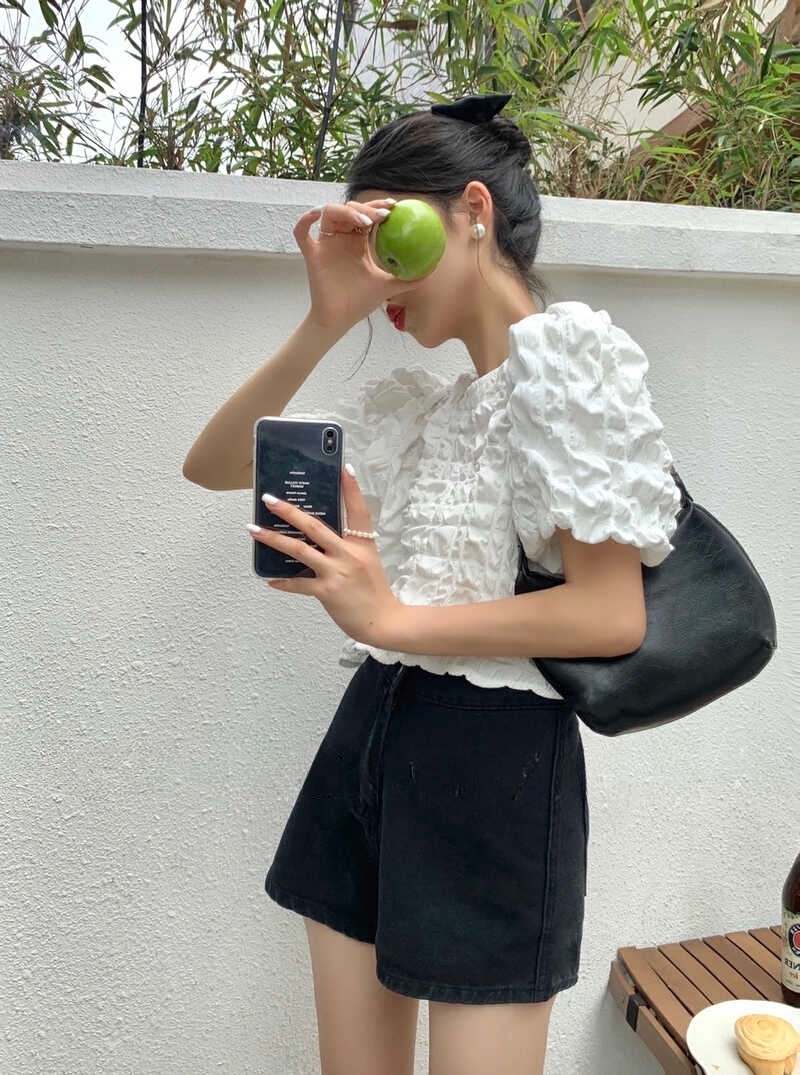 リボンブラウス 透かし彫り レトロ風 バックリボン ワッフル ブラウス