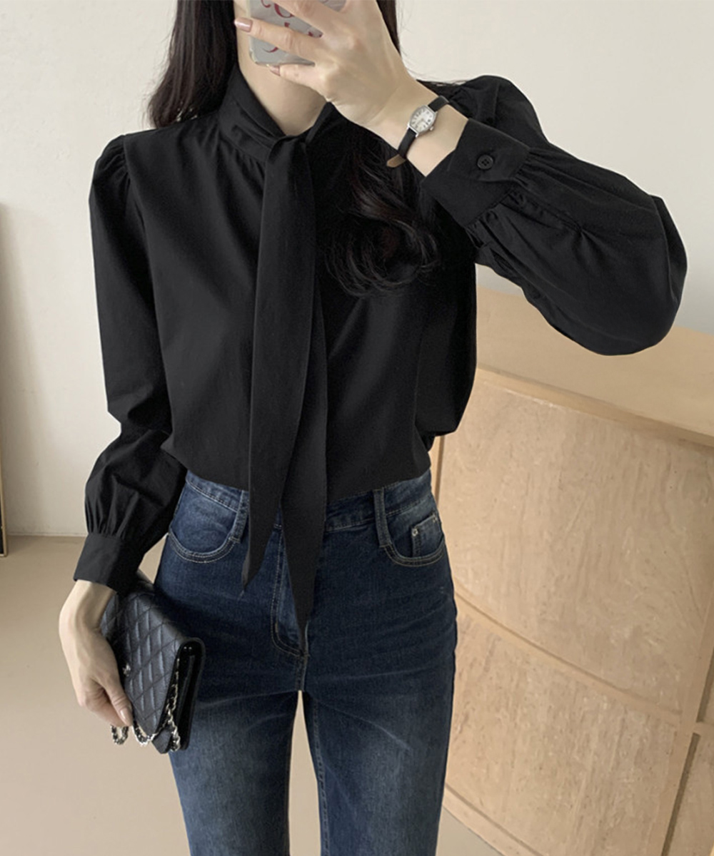 立ち襟ボウタイリボンブラウス長袖