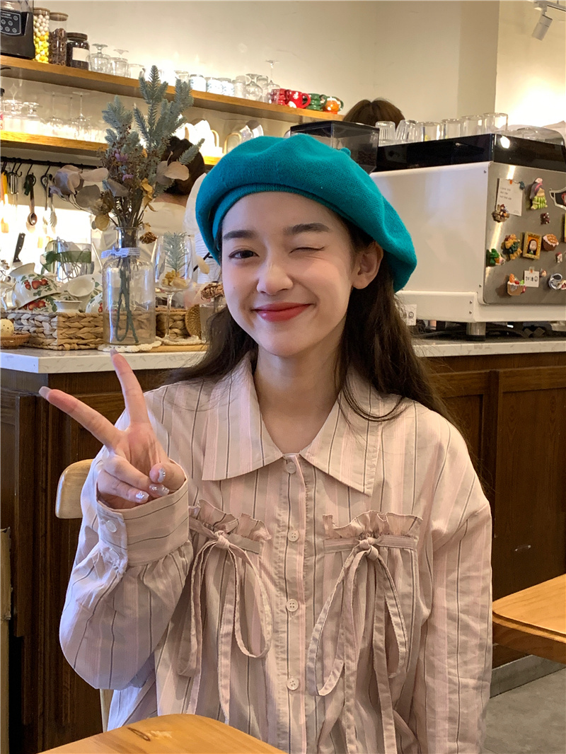 リボンブラウス 春のストライプ柄気質系胸元リボン長袖ブラウス