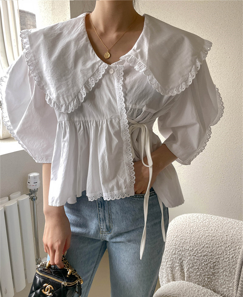 ビッグカラー パフ袖 リボンブラウス 白 上品 フェミニン