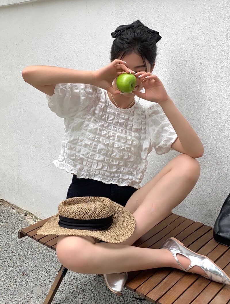 リボンブラウス 透かし彫り レトロ風 バックリボン ワッフル ブラウス