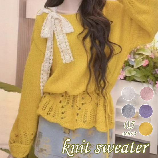 新作リボンブラウス透かし編みニットセーター