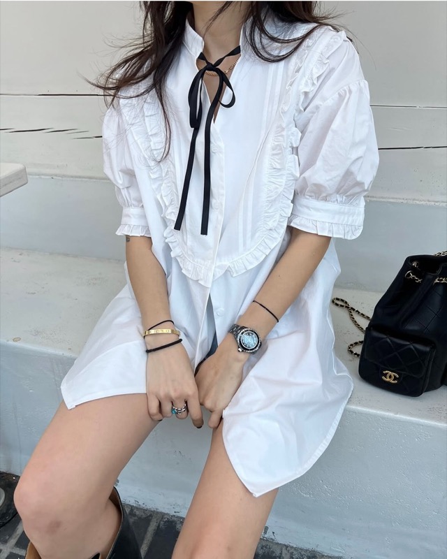 宮廷風フリルリボンブラウス半袖レディース