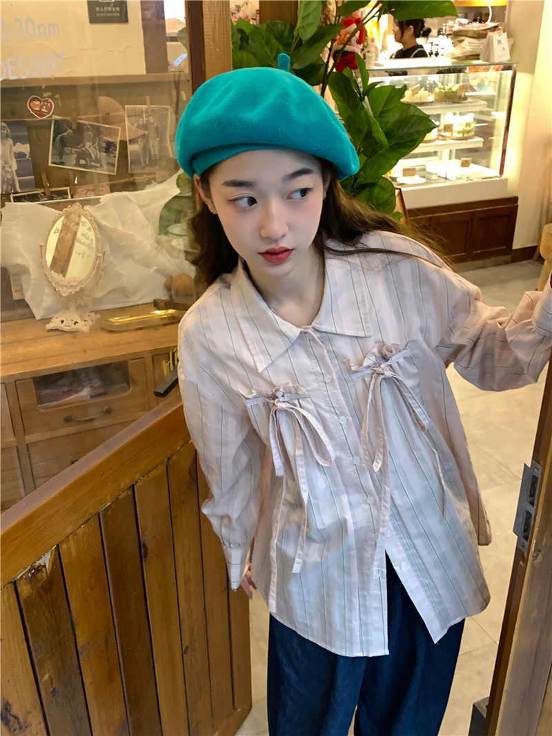 リボンブラウス 春のストライプ柄気質系胸元リボン長袖ブラウス