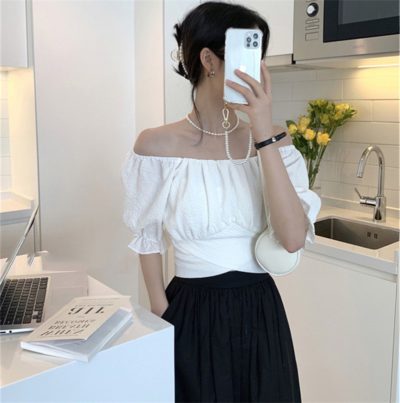 上品パフスリーブオフショルダーバックリボンブラウス