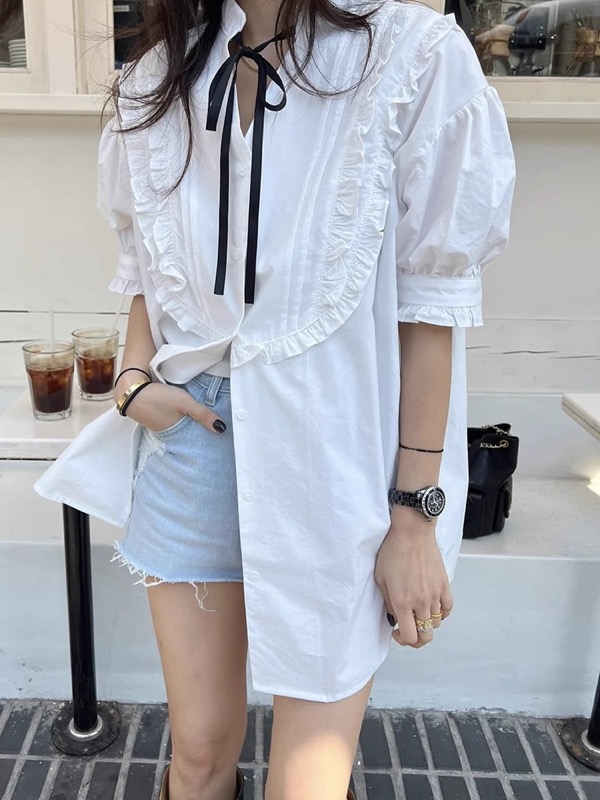 宮廷風フリルリボンブラウス半袖レディース