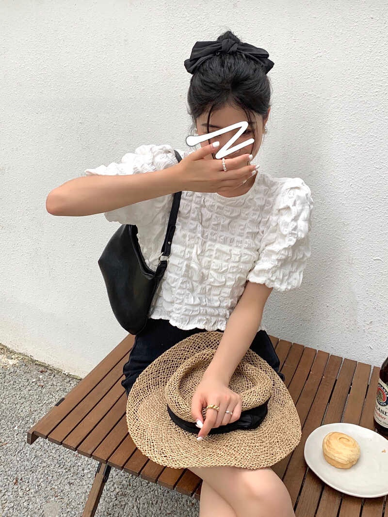 リボンブラウス 透かし彫り レトロ風 バックリボン ワッフル ブラウス